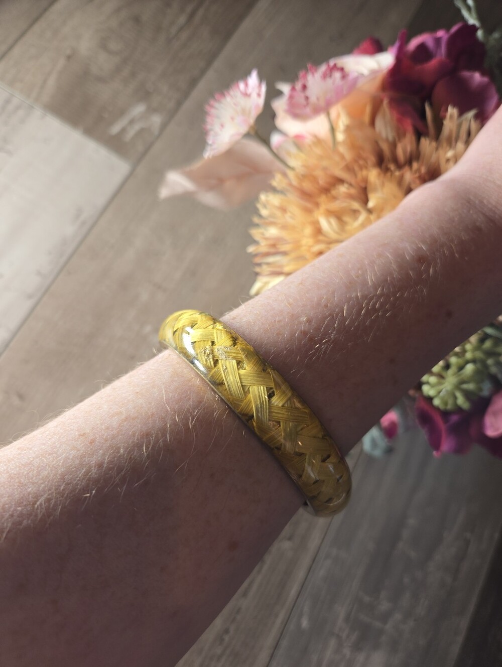 Vintage MCM Braided Raffia Wicker Rattan Lucite Metal Bangle Bracelet